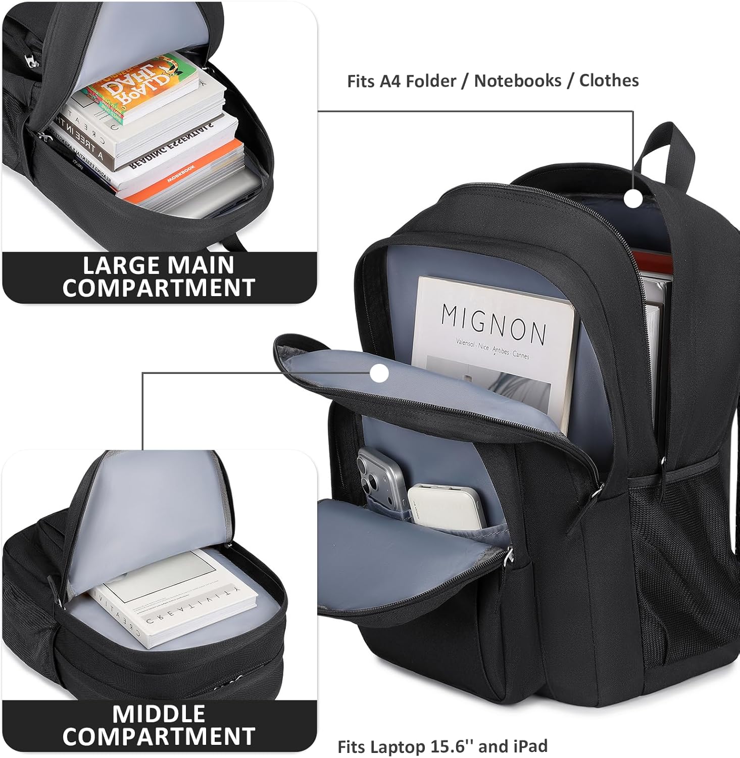 Basic Travel Backpack Water Resistant Black - Image 2