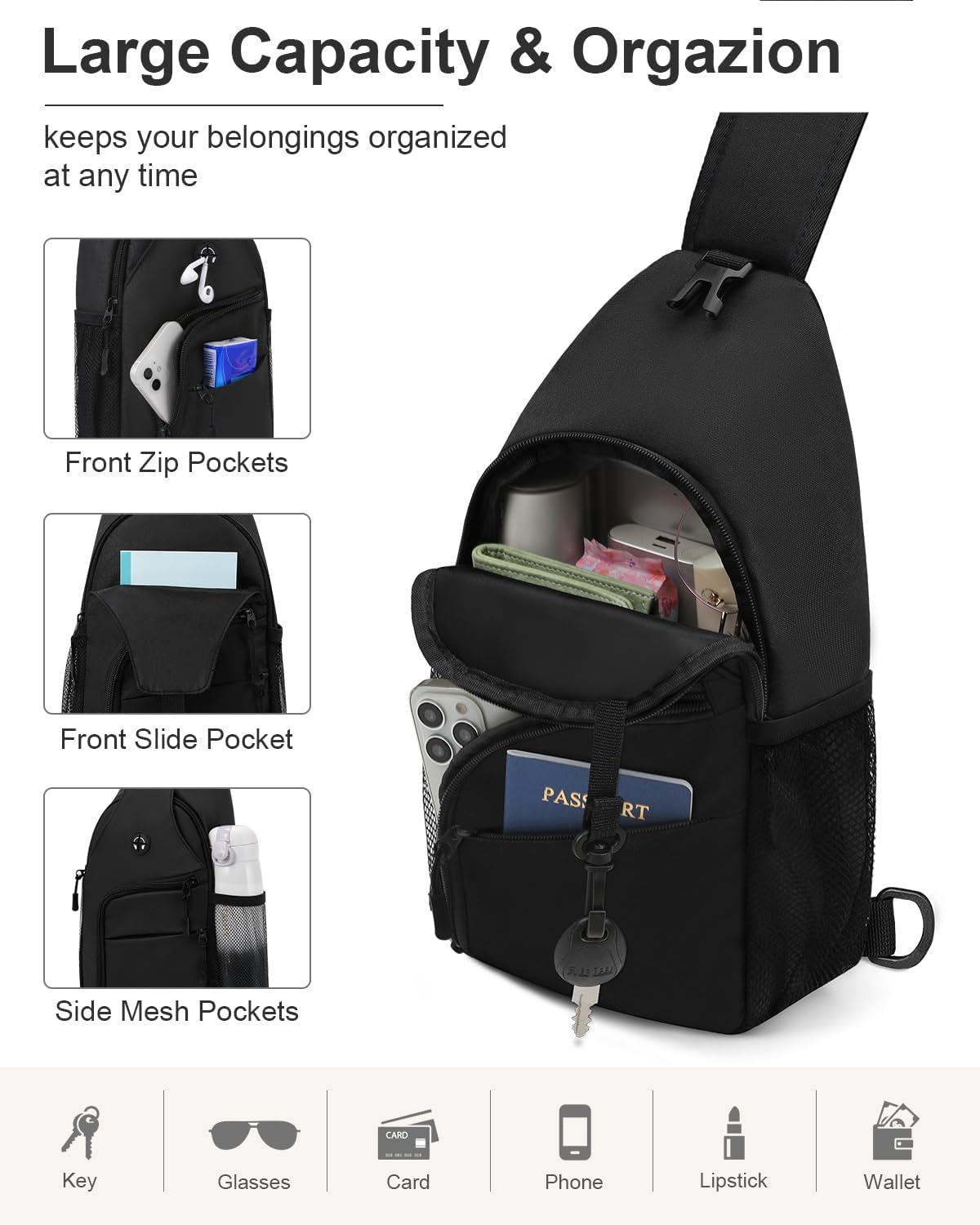 Waterproof Crossbody Sling Bag Black Medium - Image 3
